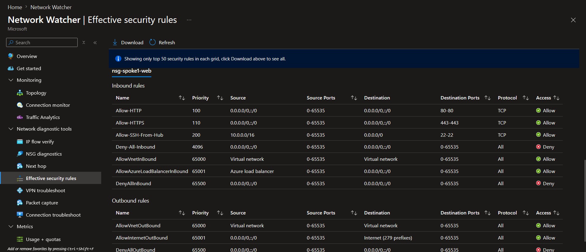 Effective NSG rules for vm‑spoke1‑web showing the final combined inbound and outbound permissions.